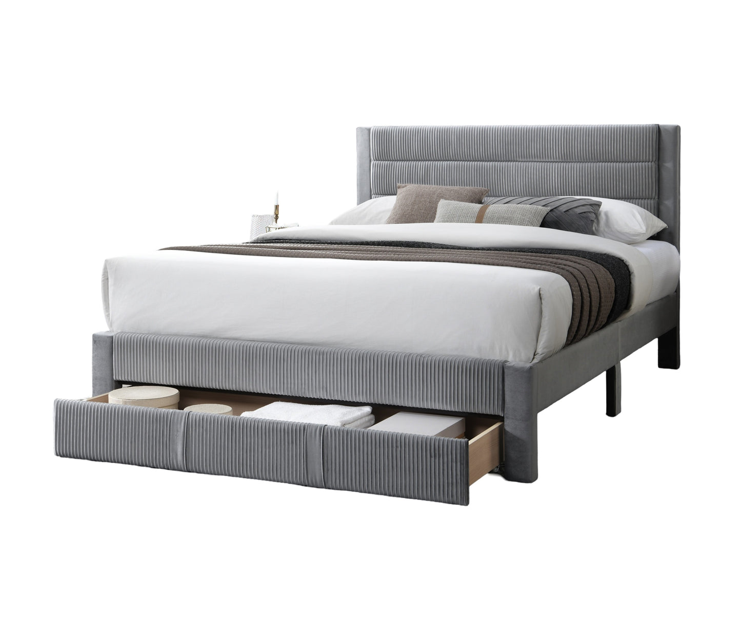 Luxury Contemporary Look 1pc Queen Size Bed w Storage Drawer Gray Corduroy Headboard Bedframe