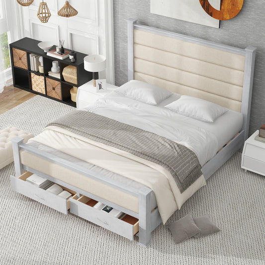 Queen Size Wood Frame Platform Bed with Upholstered Headboard, Footboard and 2 Drawers, Antique White