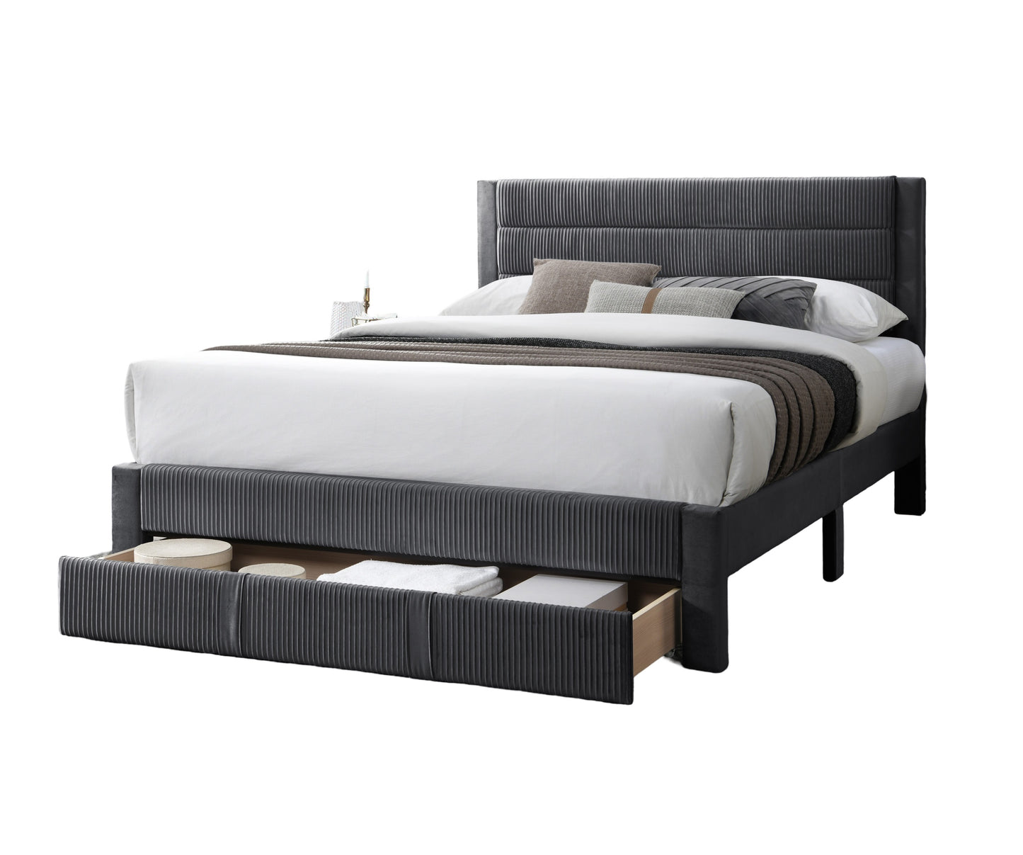 Luxury Contemporary Look 1pc Queen Size Bed w Storage Drawer Charcoal Corduroy Headboard Bedframe