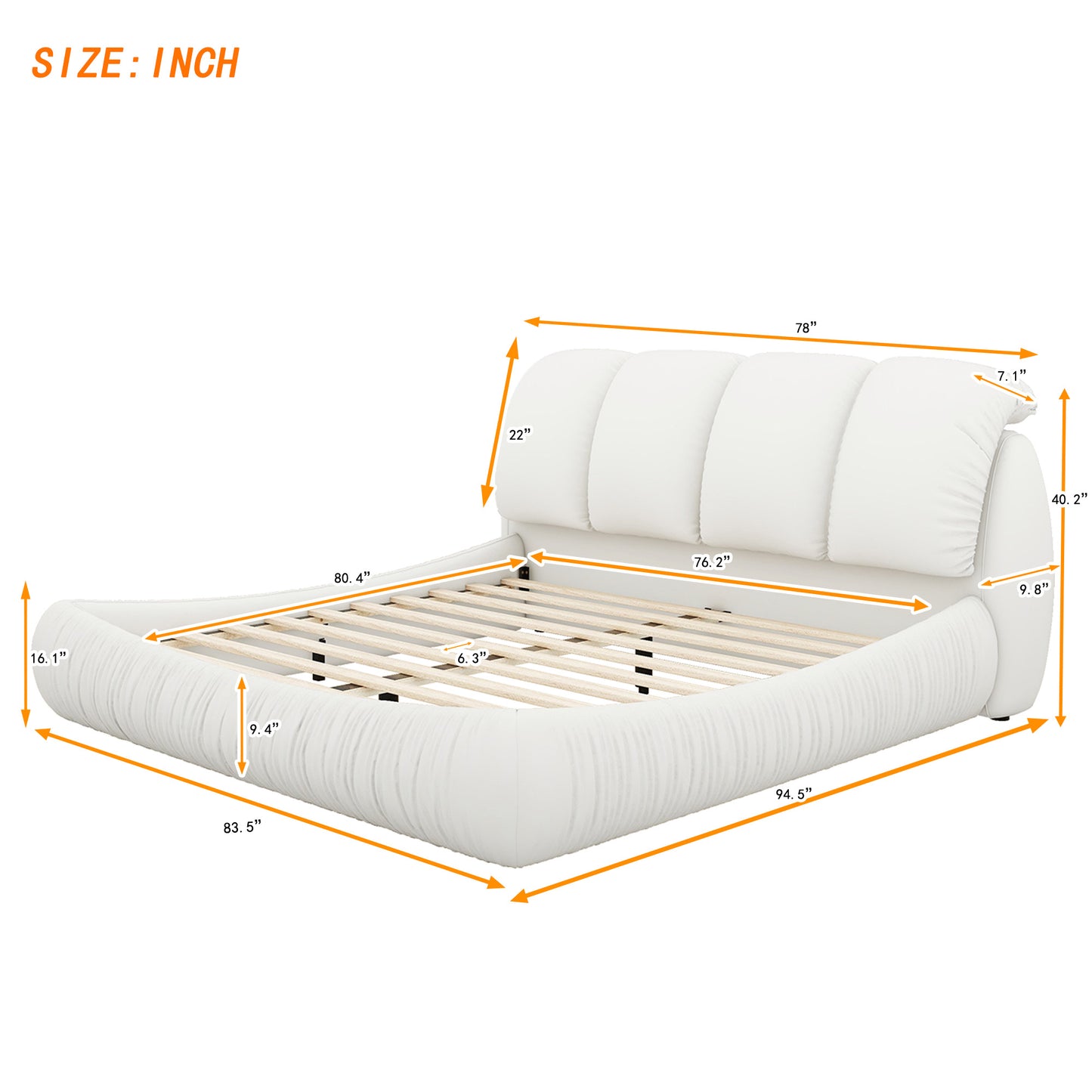 King Size Luxury Upholstered Bed With Thick Headboard, Leather King Bed with Oversized Padded Backrest, White(Expect Arrive date 2024/2/15)