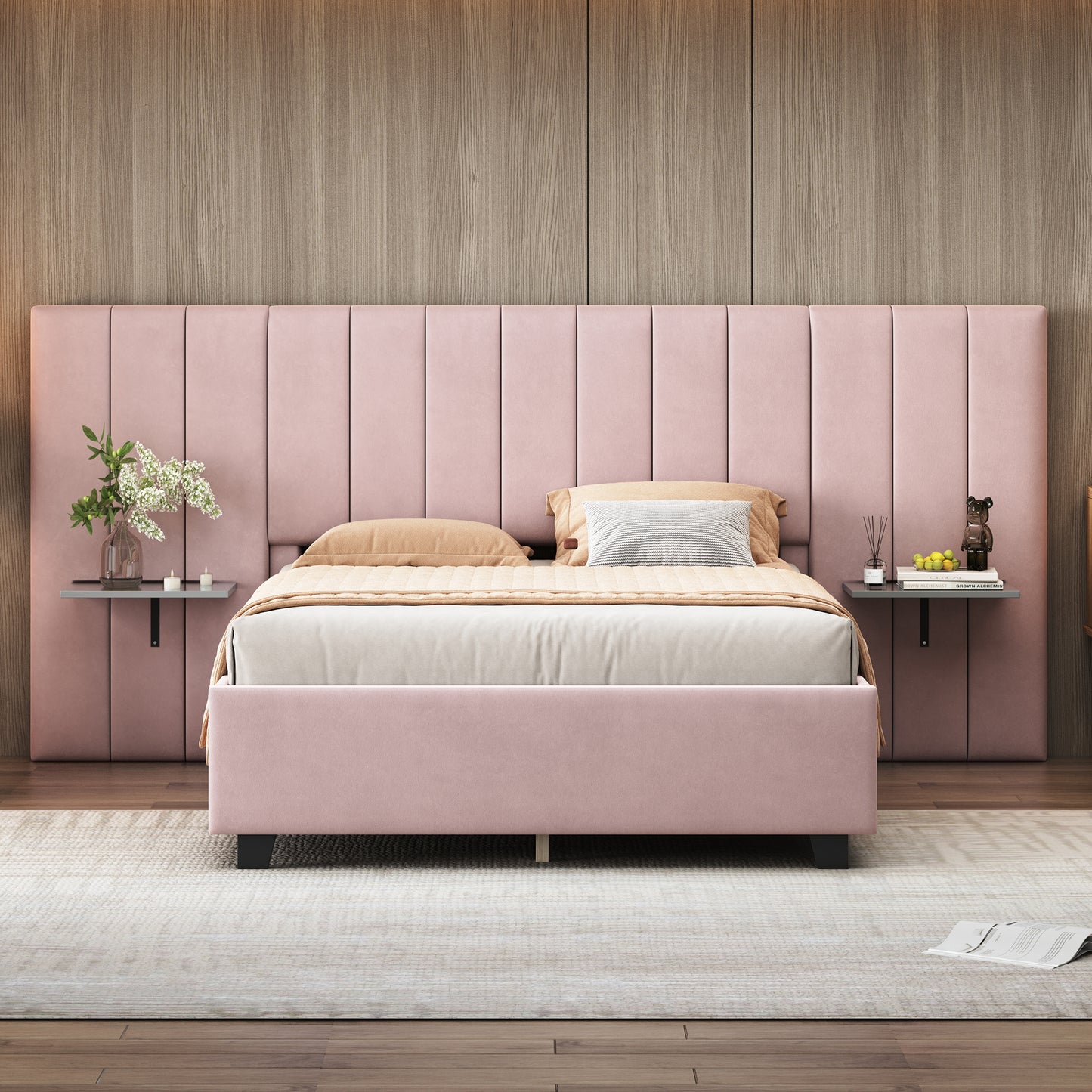 Full Size Upholstered Platform Bed with Big Headboard, Bedroom Furniture, Velvet, Pink