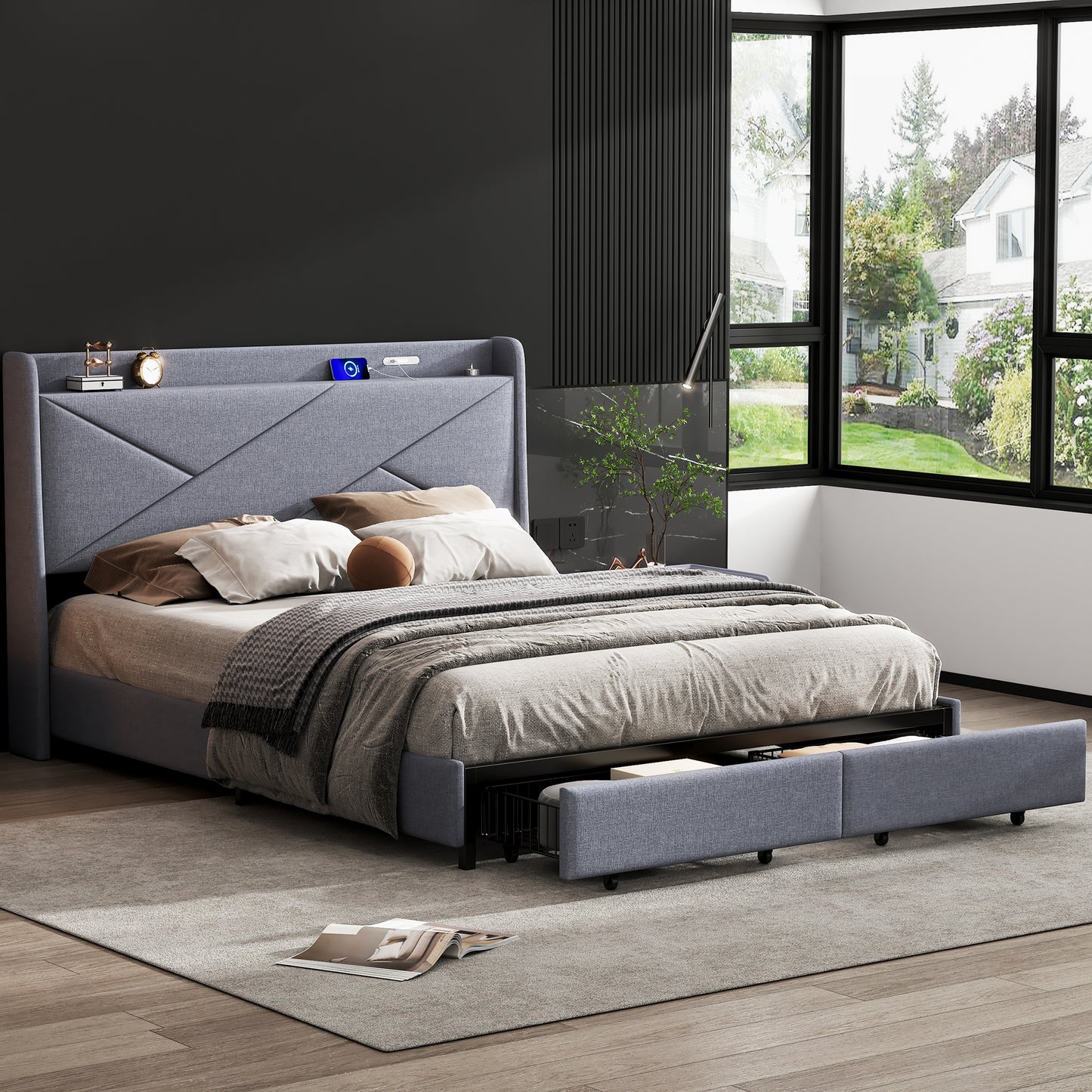 Queen Size Upholstery Platform Bed with Storage Headboard, LED, USB Charging and 2 Drawers, Gray