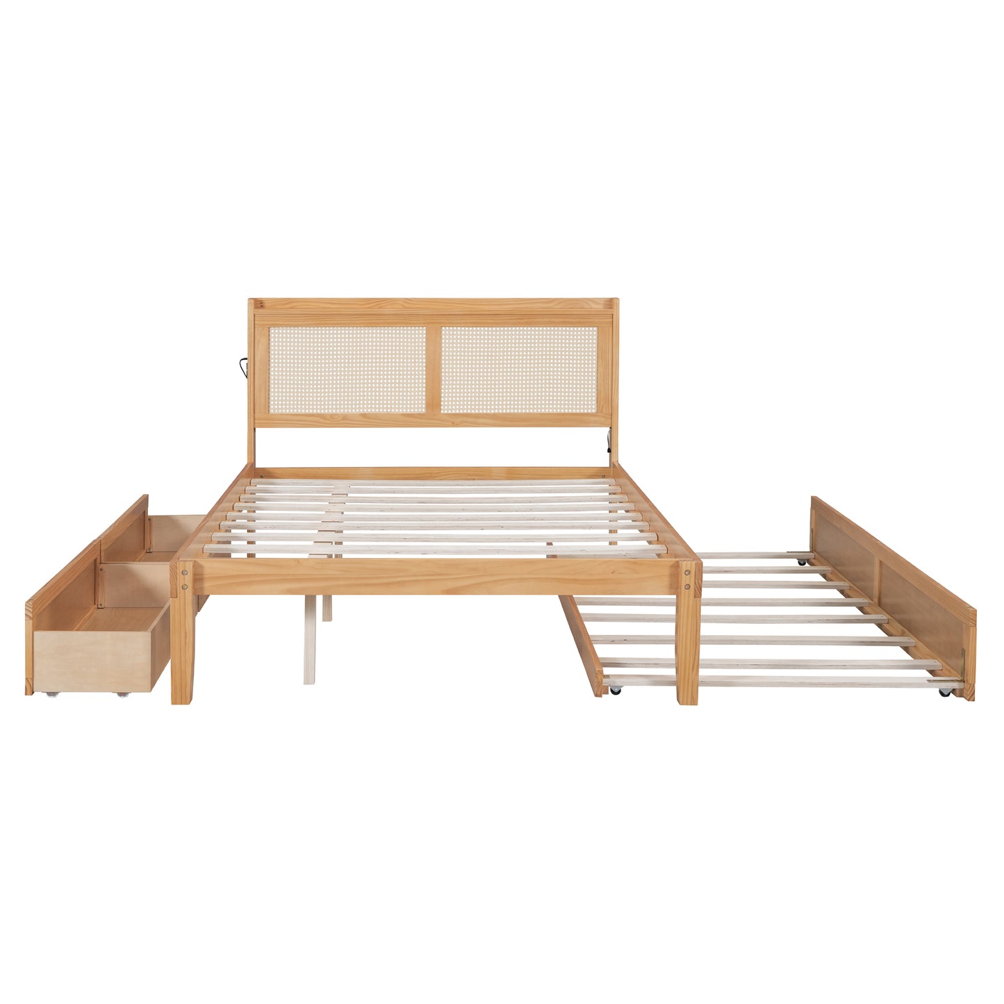 Full Size Elegant Bed Frame with Rattan Headboard and Sockets ,Natural