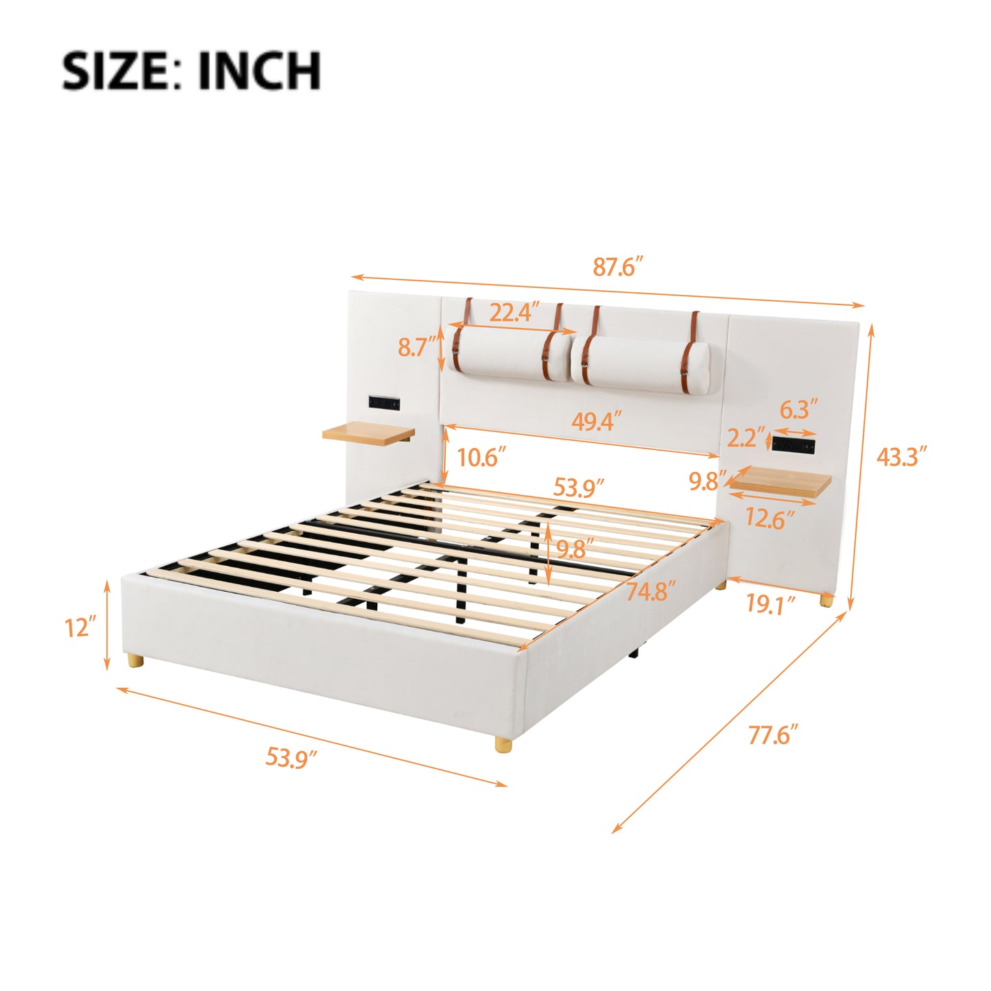 Full Size Upholstered Platform Bed, Two Outlets and USB Charging Ports on Both Sides, Two Bedside Pillows, Storage Shelves,Velvet,Beige