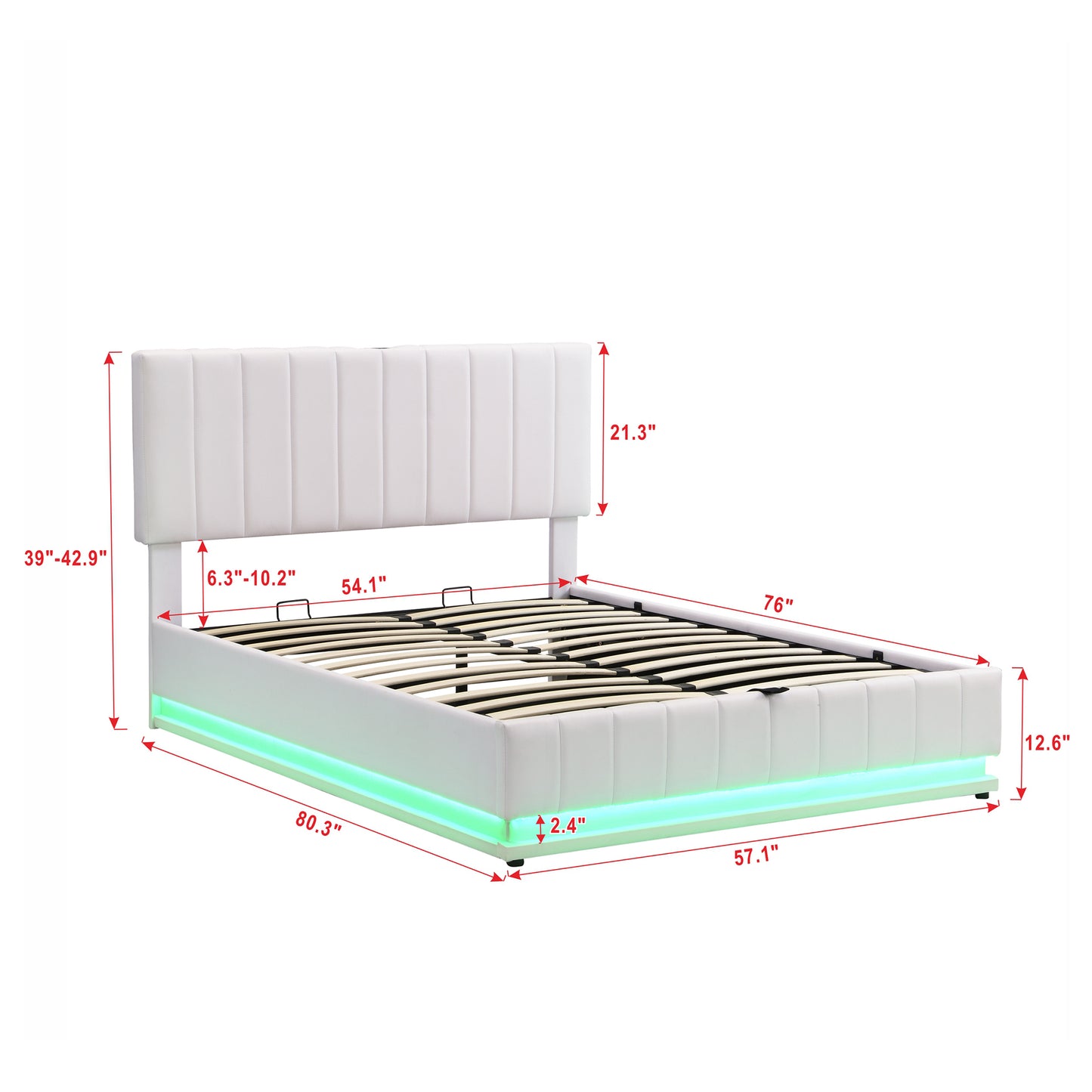 Lit rembourré pleine grandeur avec système de stockage hydraulique et lumière LED, lit plateforme moderne avec prises et ports USB, blanc