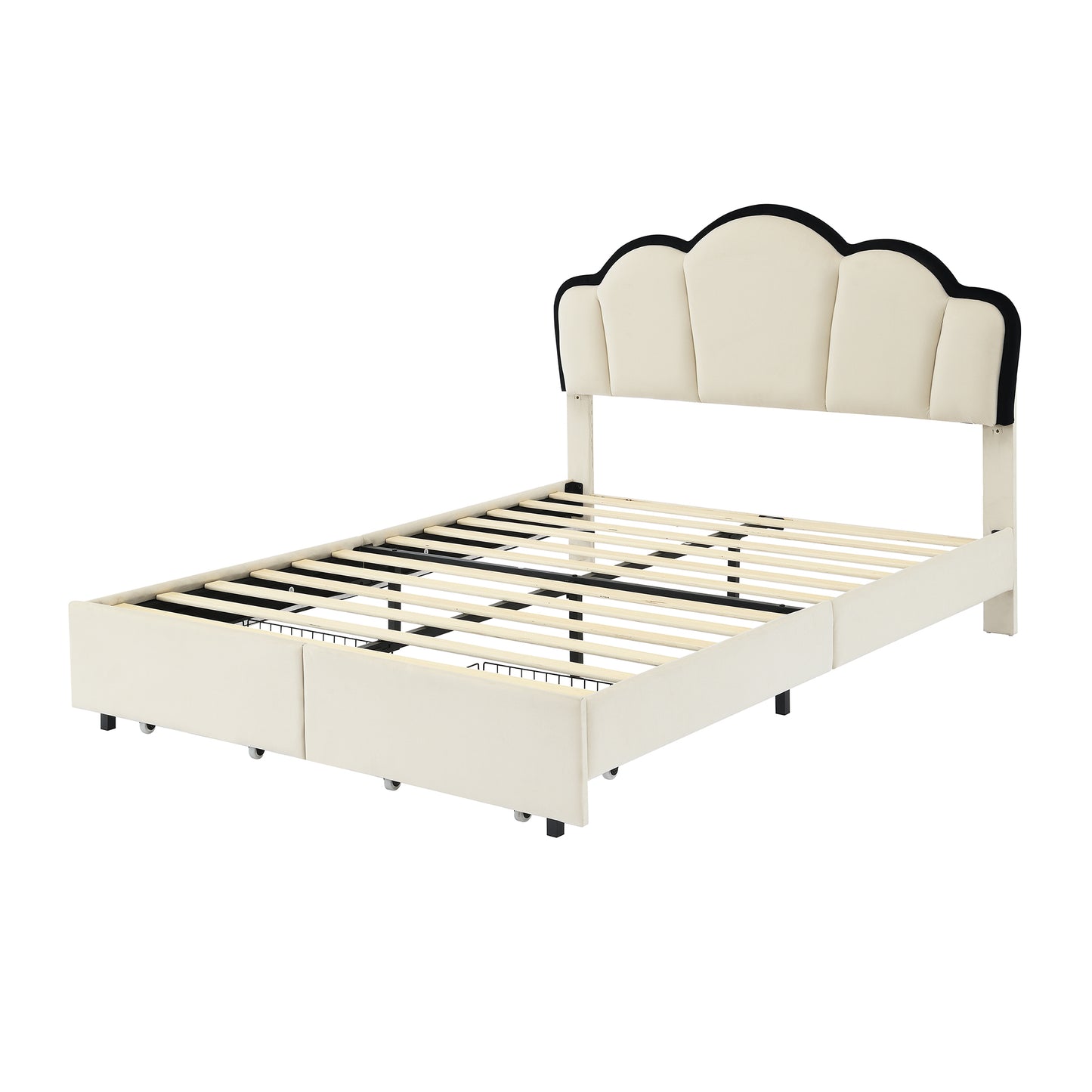 Full Size Upholstered Princess Platform Bed with LED and 2 Storage Drawers, Beige