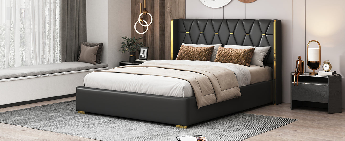 Queen Size Upholstered Platform Bed with Metal Strips, Black