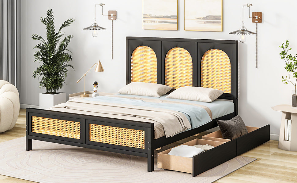 Full Size Wood Storage Platform Bed with 2 Drawers, Rattan Headboard and Footboard, Black