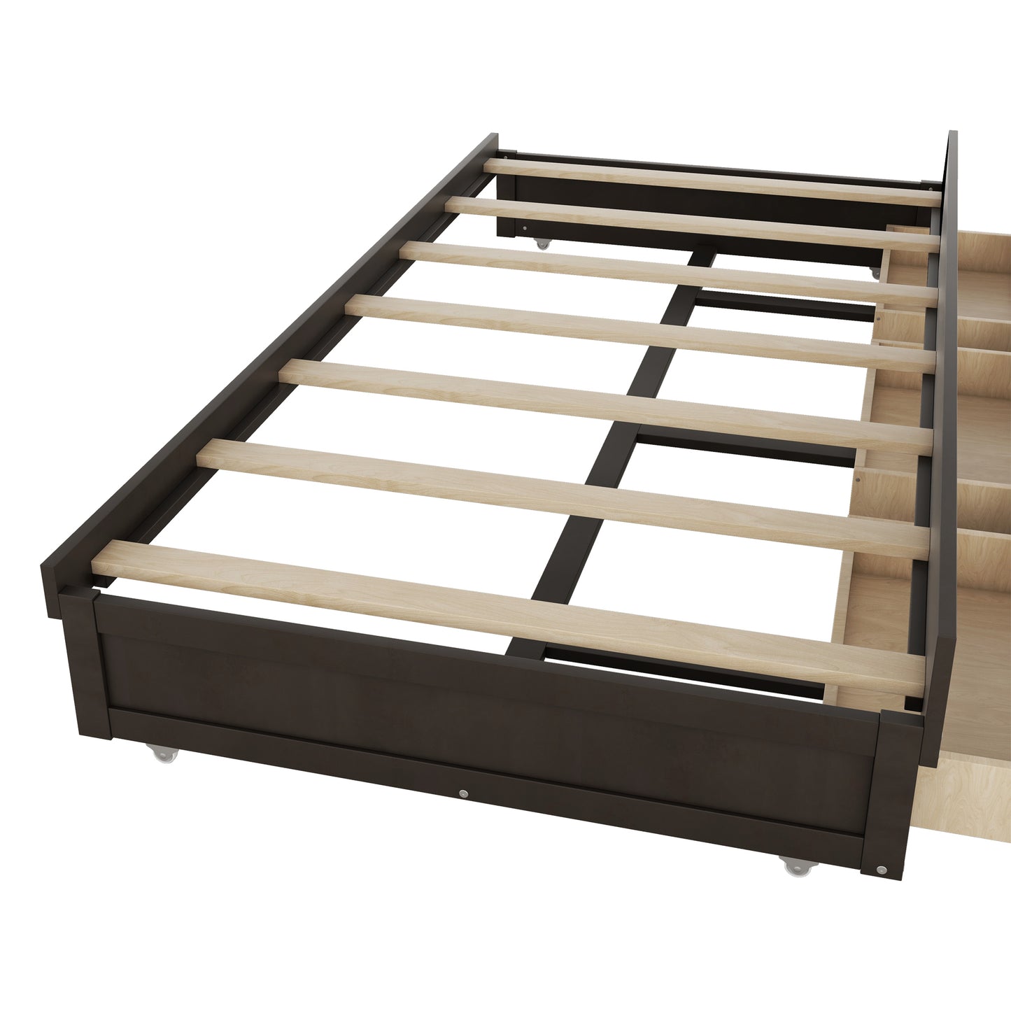 Full Size Wooden LED Platform Bed with Trundle, with Storage Headboard, with Drawers, Brown