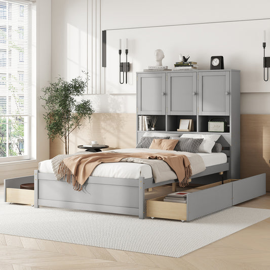 Full Size Platform Bed with Storage Headboard and 4 Drawers, Gray