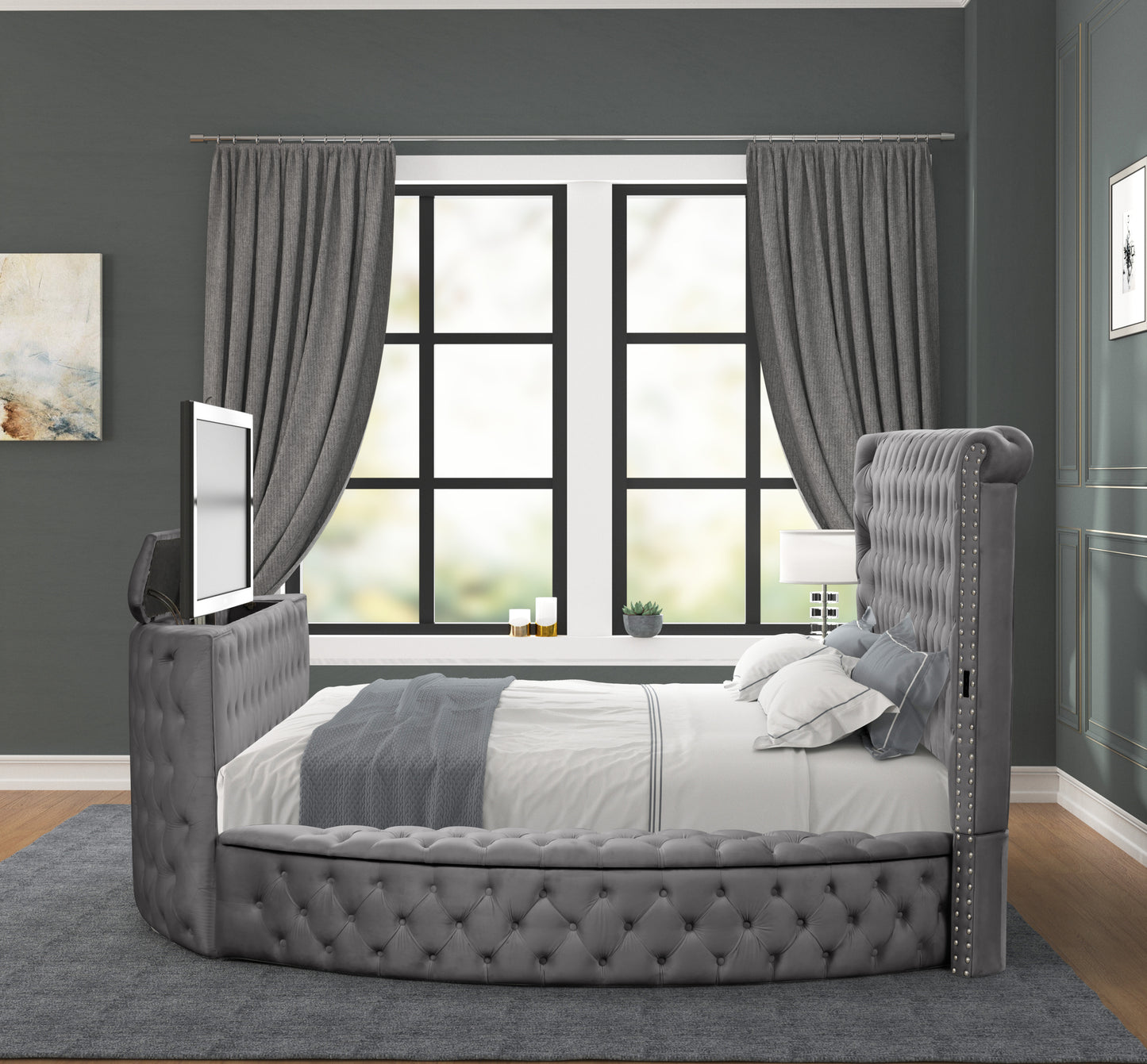 Juego de dormitorio de 5 piezas con mechones de cristal de estilo moderno, tamaño Queen, fabricado con madera en color gris