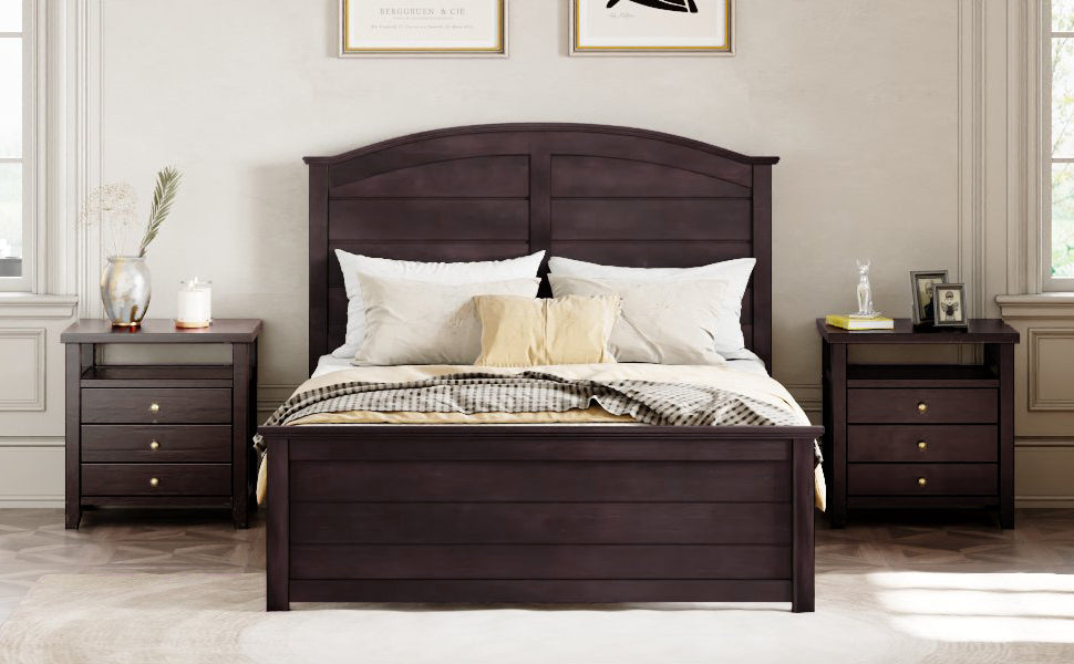 Farmhouse Wooden Platform Queen Size Bed with Curl Design Headboard and Footboard for Teenager, Espresso