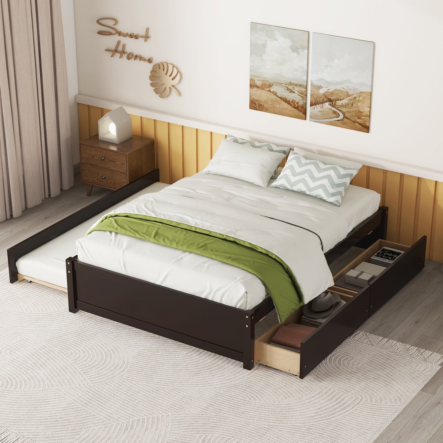 FULL BED WITH TWIN SIZE TRUNDLE AND TWO DRAWERS FOR ESPRESSO COLOR