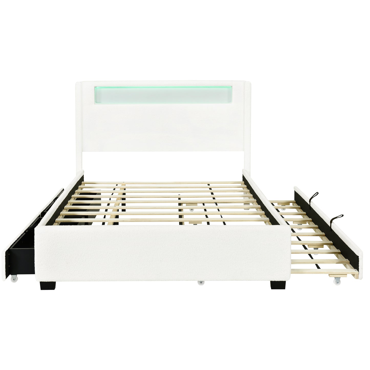 Full Size Upholstered Platform Bed with LED Frame, with Twin  Size Trundle and 2 drawers, Teddy Fleece, White