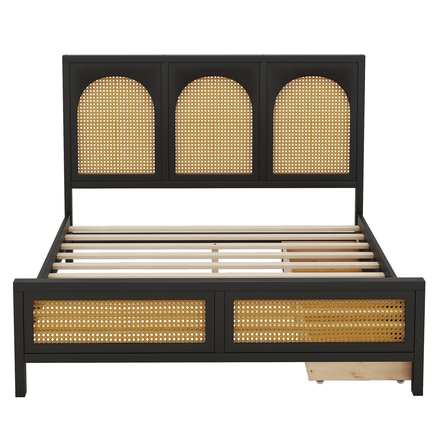 Full Size Wood Storage Platform Bed with 2 Drawers, Rattan Headboard and Footboard, Black