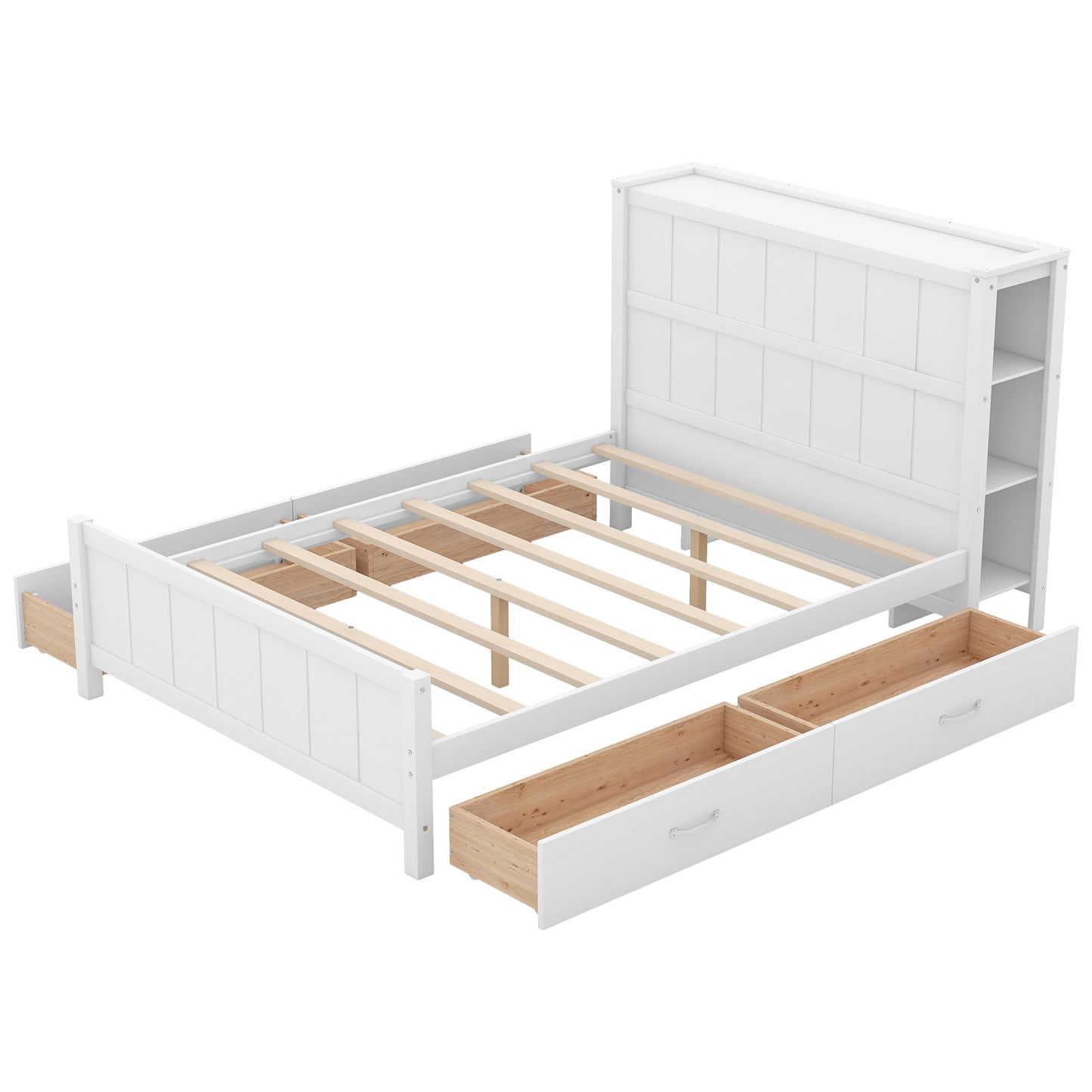 Full Size Platform Bed with Drawers and Storage Shelves, White