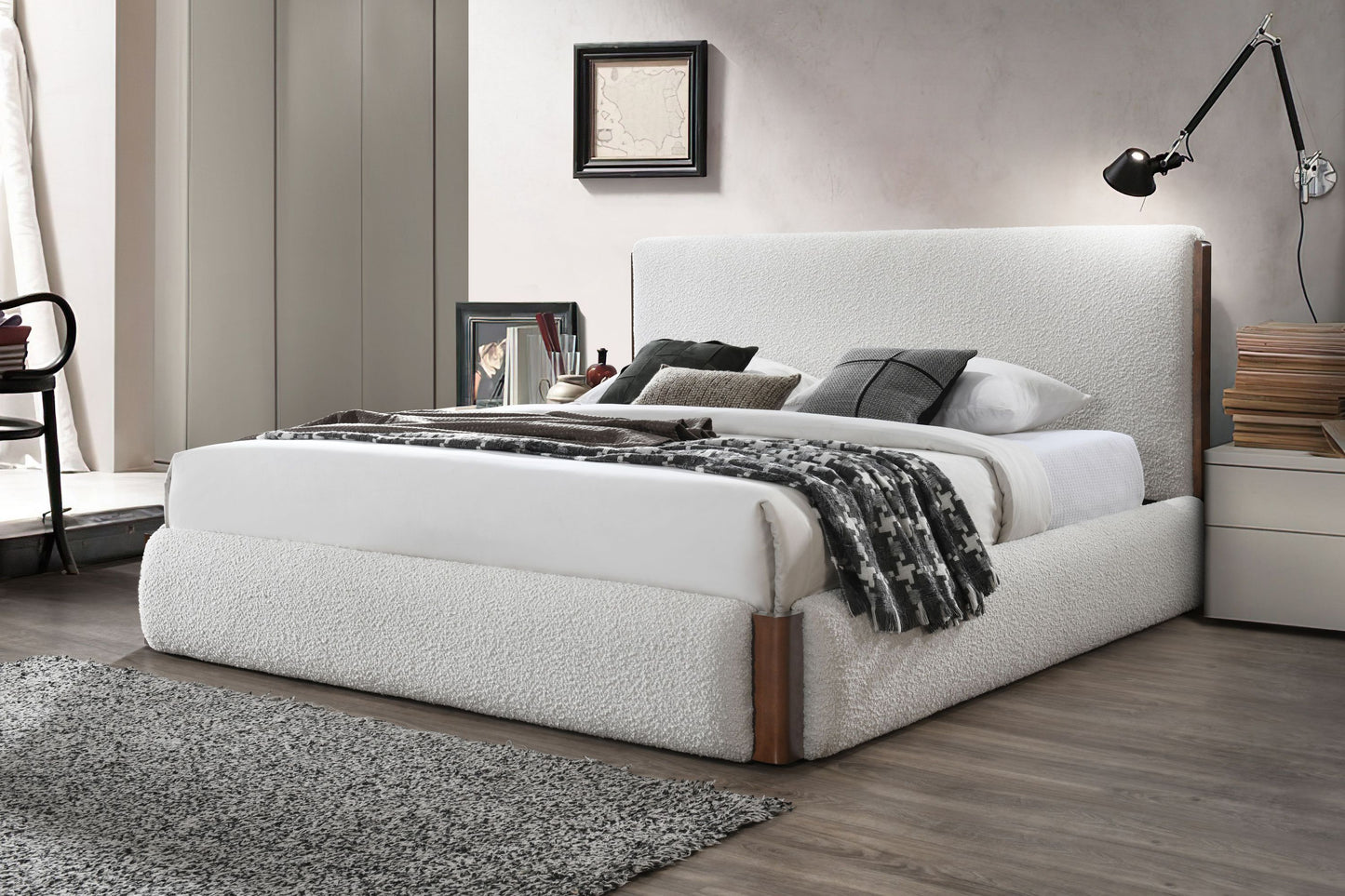 ACME Sandro Queen Bed, White Bouclé & Walnut Finish BD02470Q