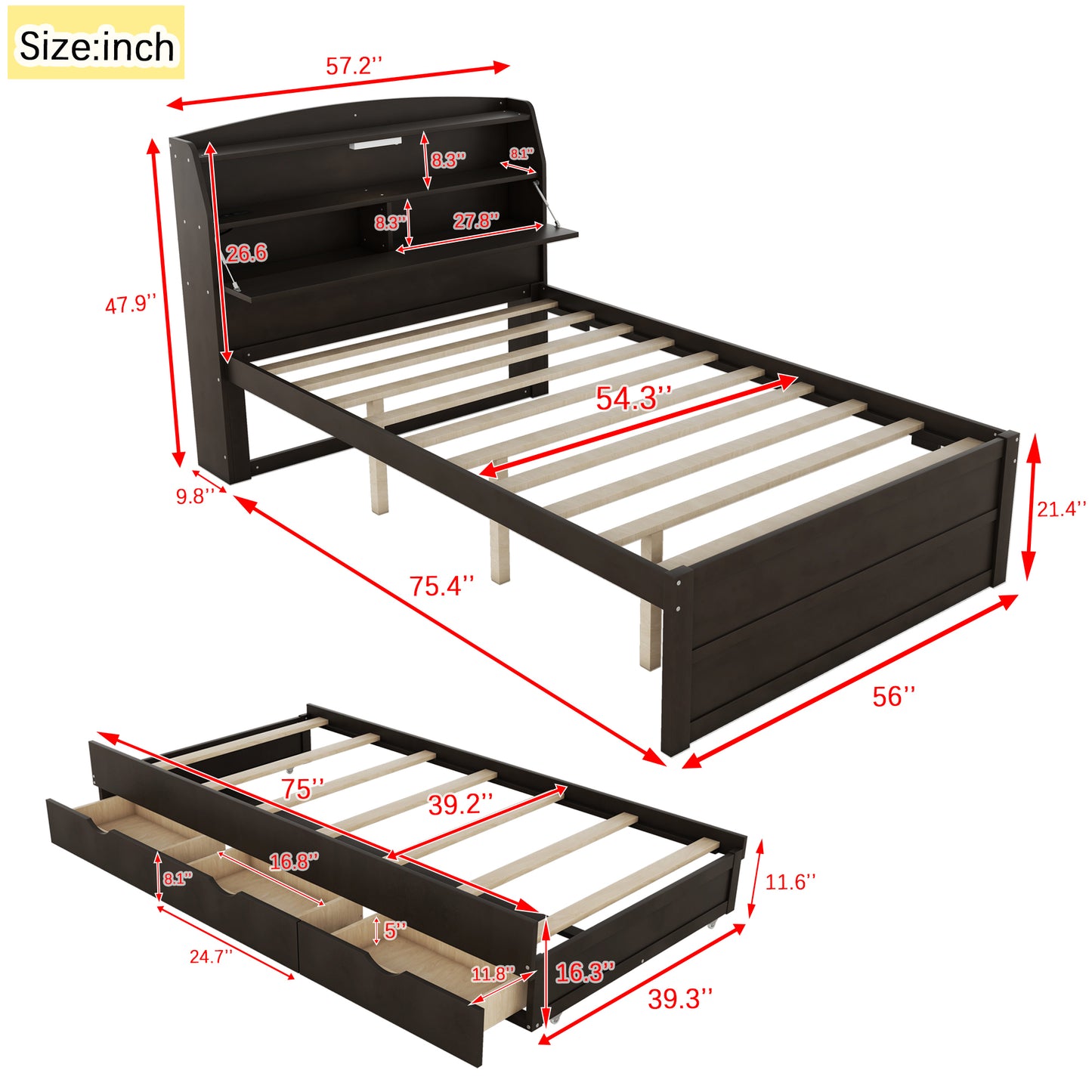 Full Size Wooden LED Platform Bed with Trundle, with Storage Headboard, with Drawers, Brown