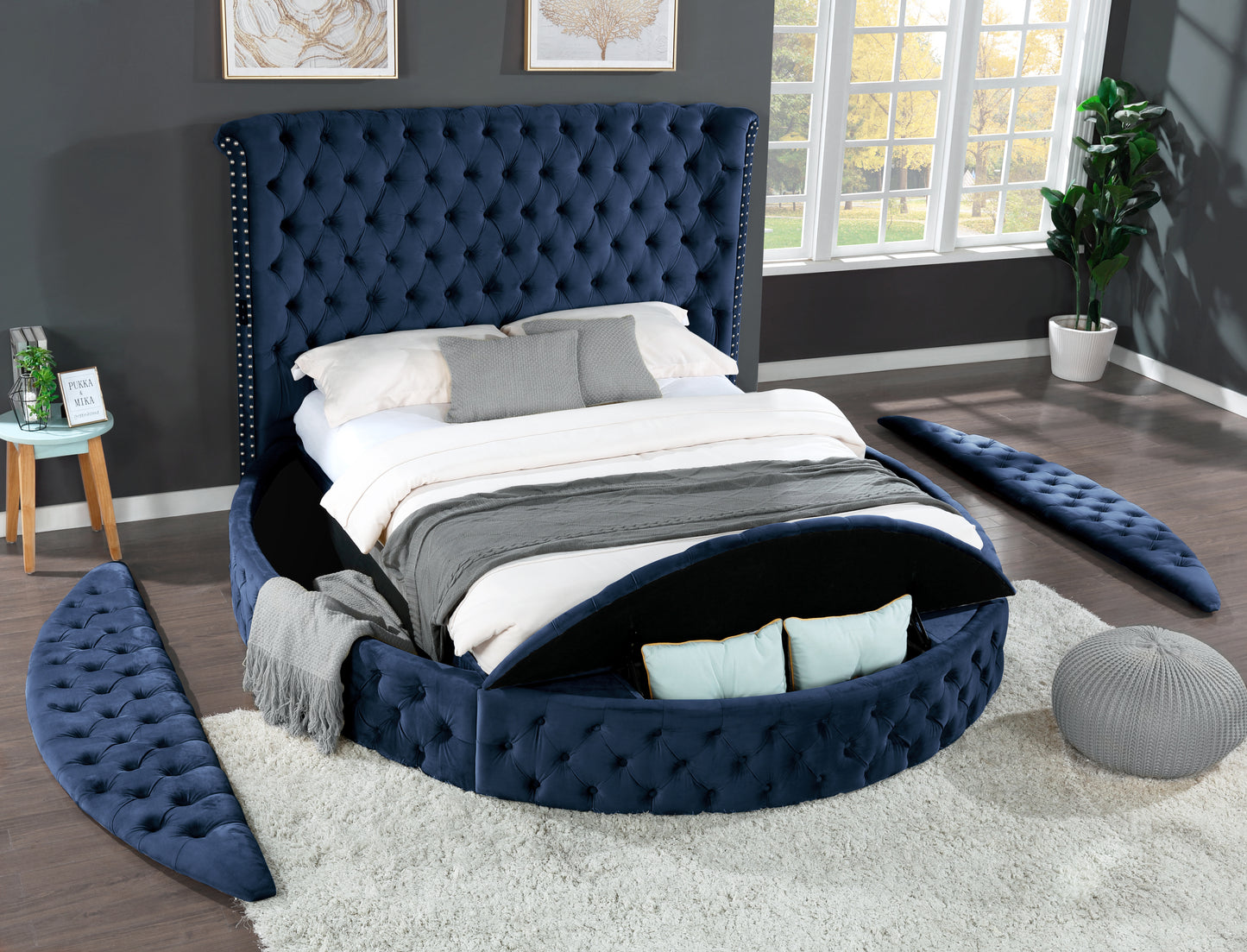 Queen Size Tufted Storage Bed made with Wood in Blue