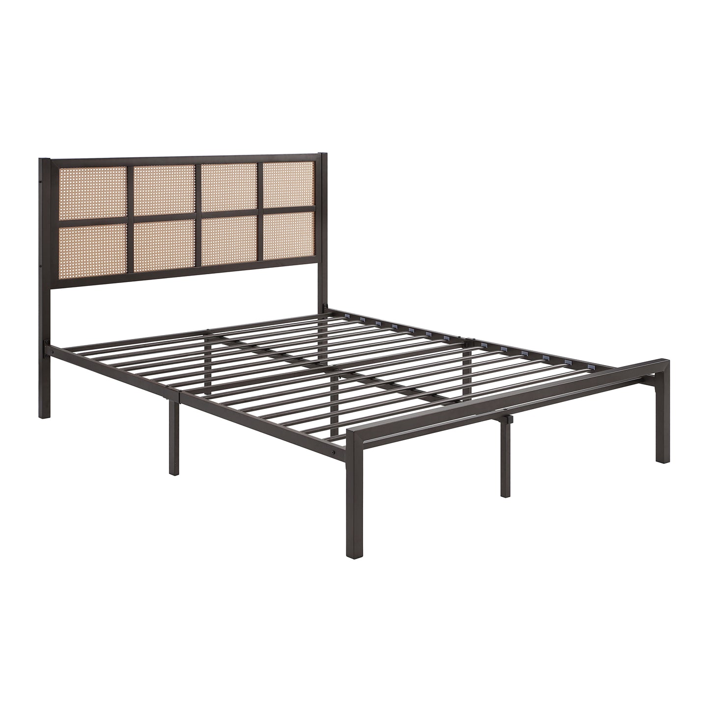 1pc Eastern King Platform Bed, Metal Frame Dark Bronze Finish Faux Cane Panel Headboard Casual Coastal Bedroom Furniture, Bed in a Box