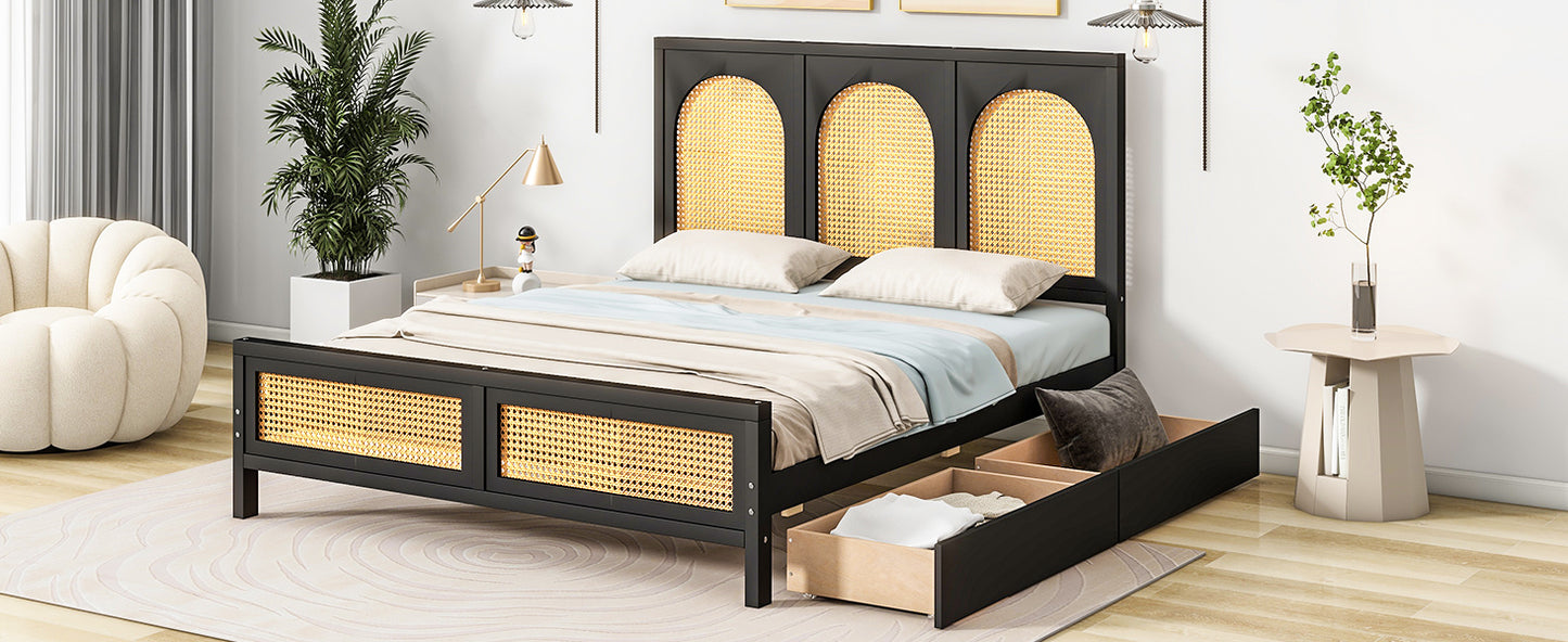 Full Size Wood Storage Platform Bed with 2 Drawers, Rattan Headboard and Footboard, Black