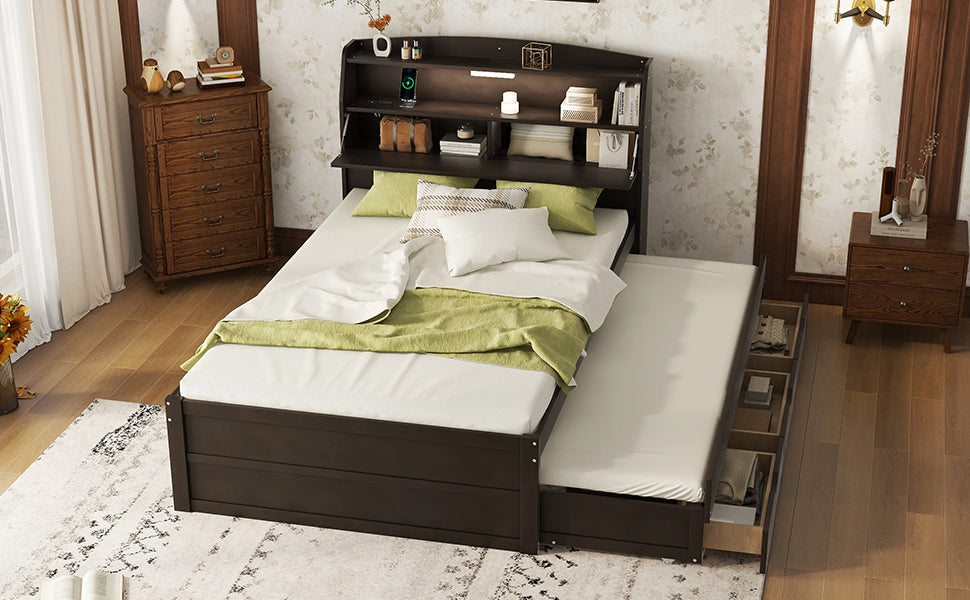 Full Size Wooden LED Platform Bed with Trundle, with Storage Headboard, with Drawers, Brown