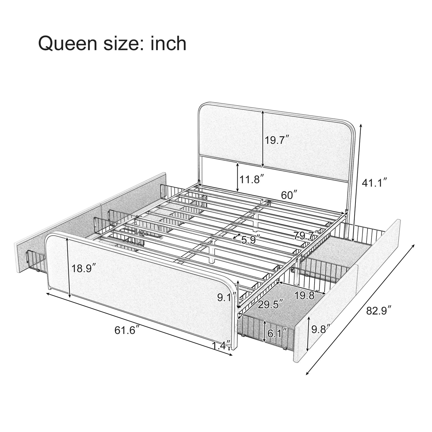 Modern Metal Bed Frame with Curved Upholstered Headboard and Footboard Bed with 4 Storage Drawers, Heavy Duty Metal Slats, Queen Size, Grey