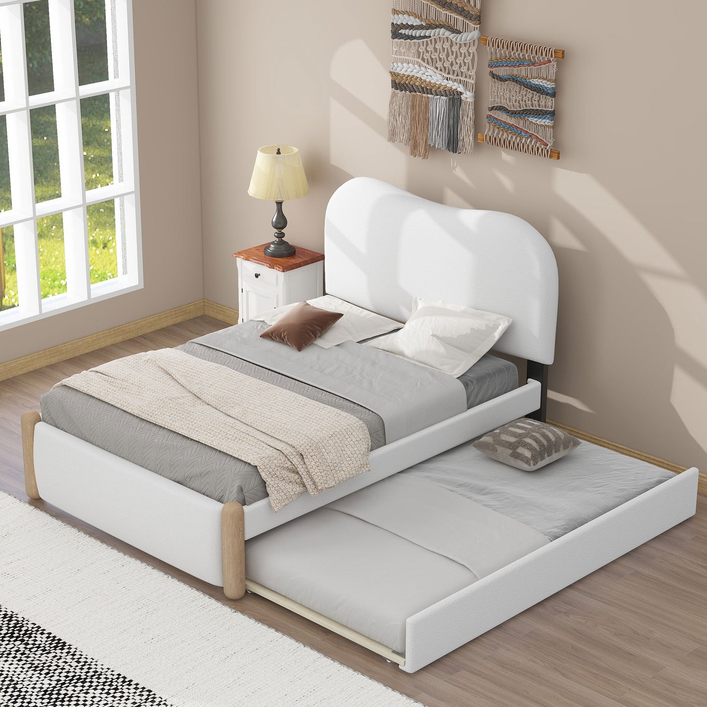 Lit plateforme rembourré pour lit simple avec pieds de support en bois et lit gigogne pour lit simple, blanc