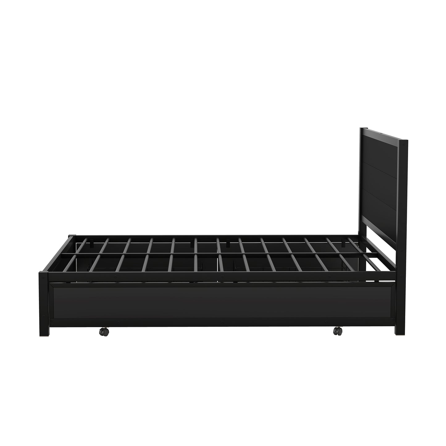 Metal Full Size Storage Platform Bed with Twin Size Trundle and 2 Drawers, Black