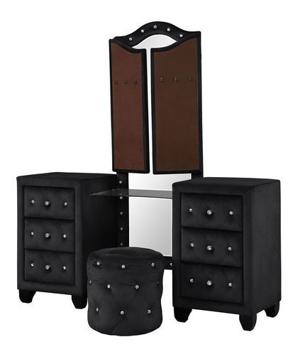 King 4 Pc Vanity Upholstery Bedroom Set Made With Wood in Black