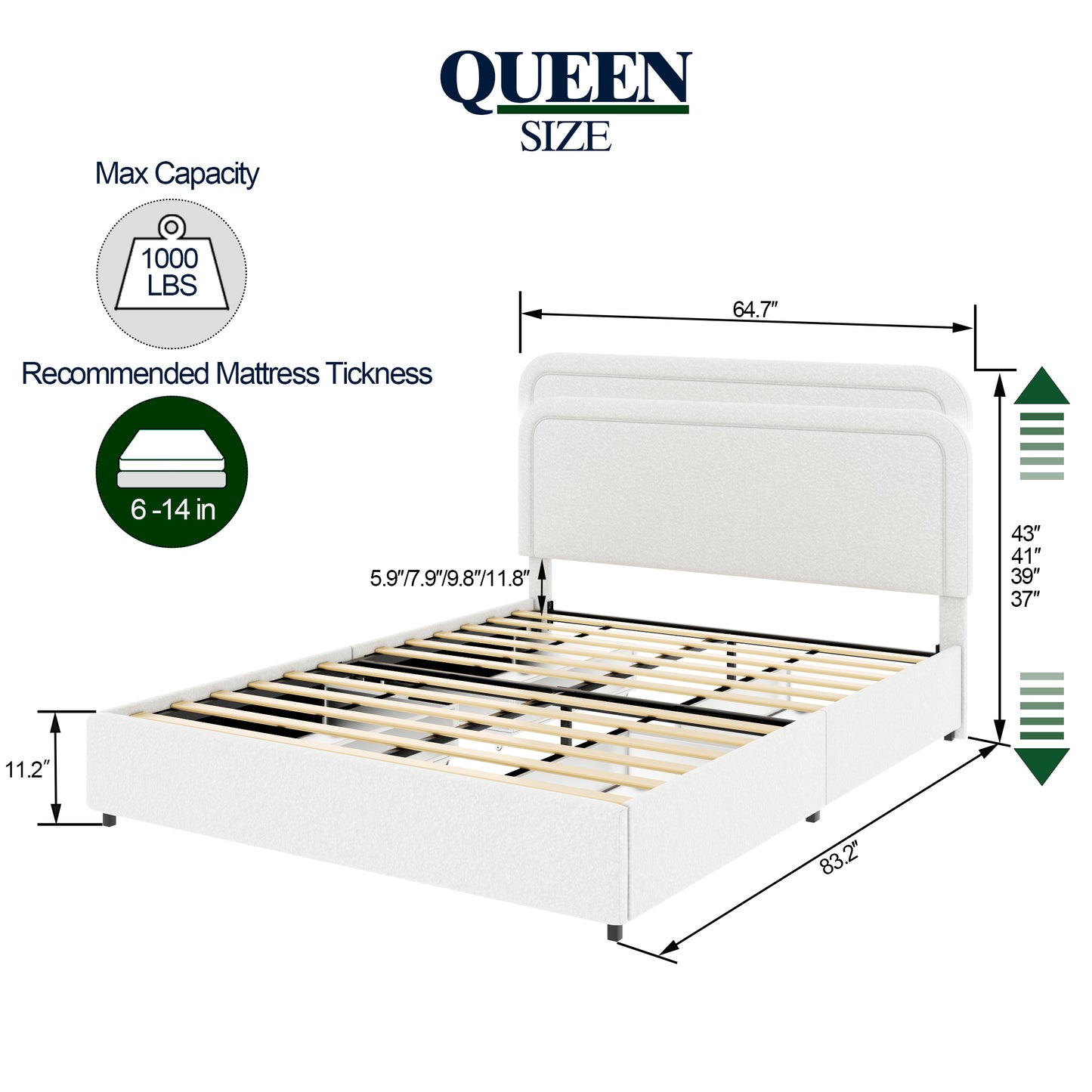 Identique au lit plateforme capitonné Queen Size Liv ivoire avec 4 tiroirs de rangement brevetés, tête de lit capitonnée incurvée et cousue, support de matelas à lattes en bois, pas besoin de sommier