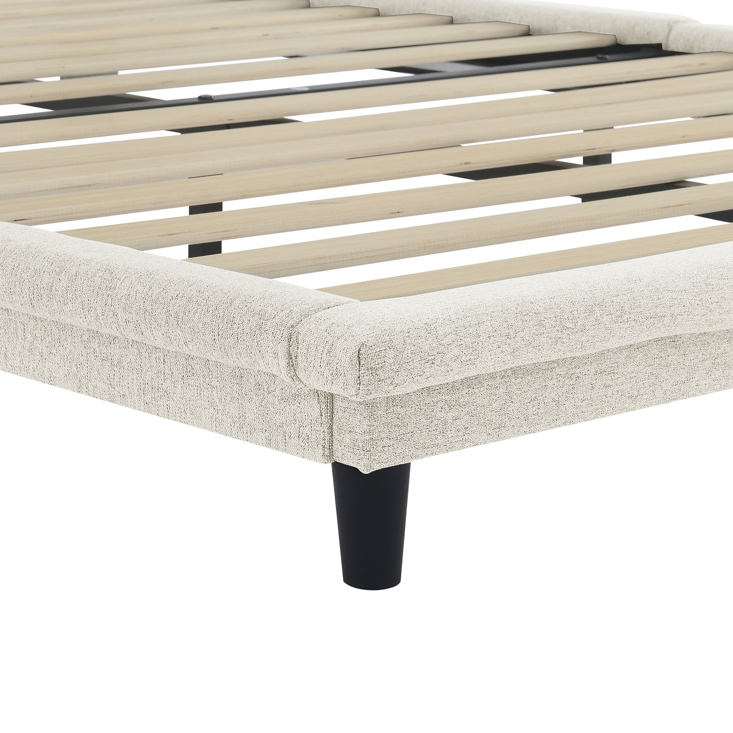 Lit rembourré pleine grandeur avec rayures claires, lit plateforme flottant, tissu en lin, beige