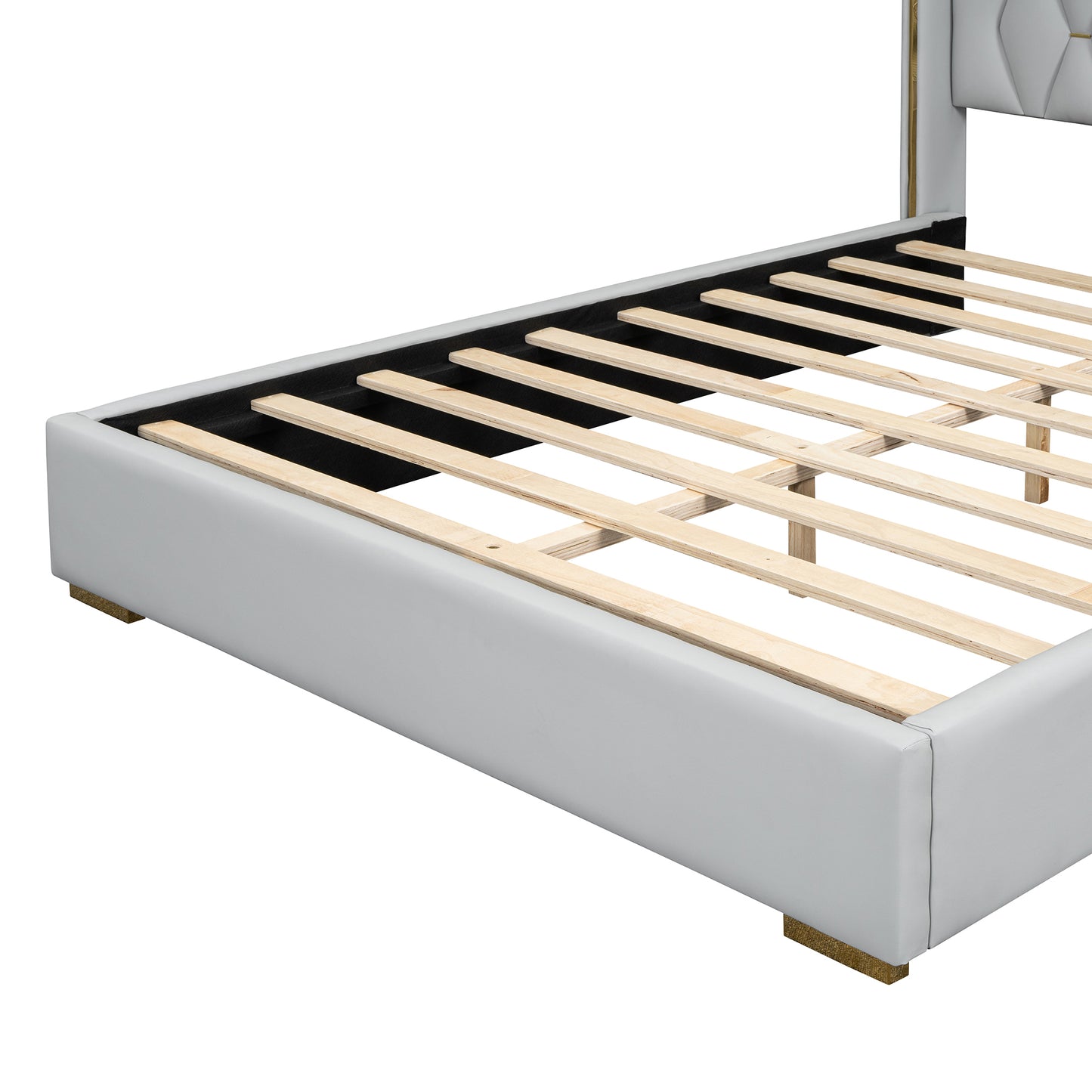 Full Size Upholstered Platform Bed with Metal Strips, Off-white