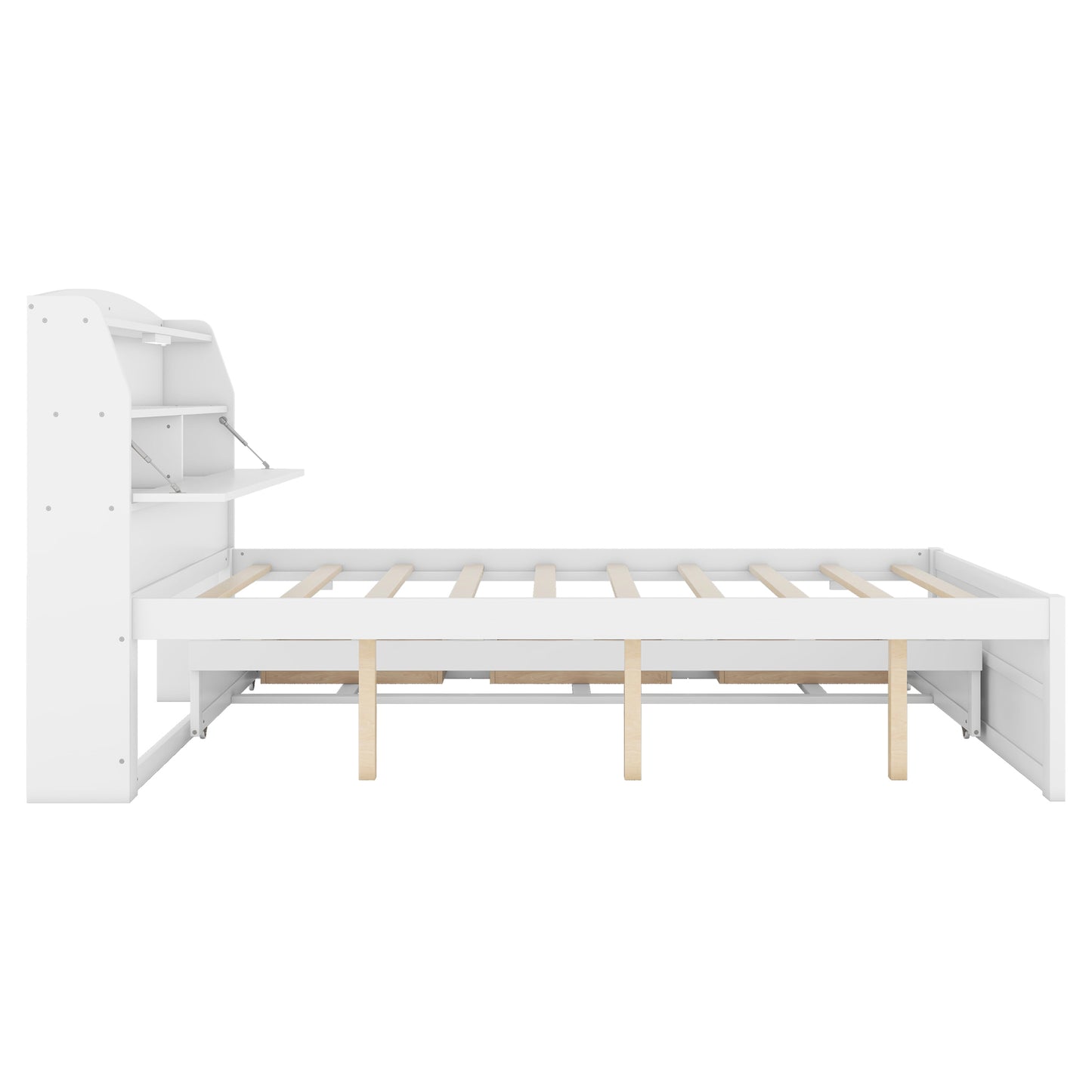 Full Size Wooden LED Platform Bed with Trundle, with Storage Headboard, with Drawers, White