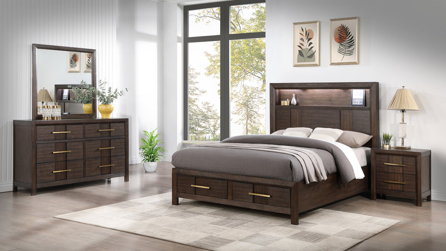 Modern Style King 4PC Storage Bedroom Set Made with Wood, LED Headboard, Bluetooth Speakers & USB Ports - Walnut