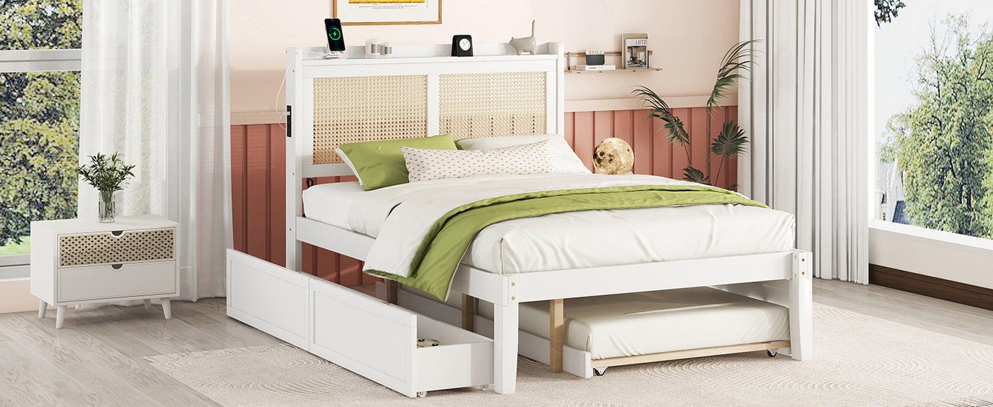 Full Size Elegant Bed Frame with Rattan Headboard and Sockets ,White