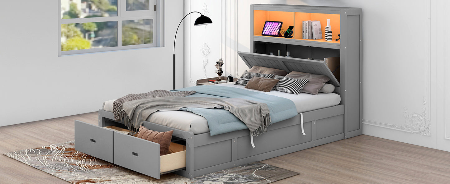 Wood Full Size Hydraulic Platform Bed with Storage LED Headboard, Charging Station and 2 Drawers, Gray