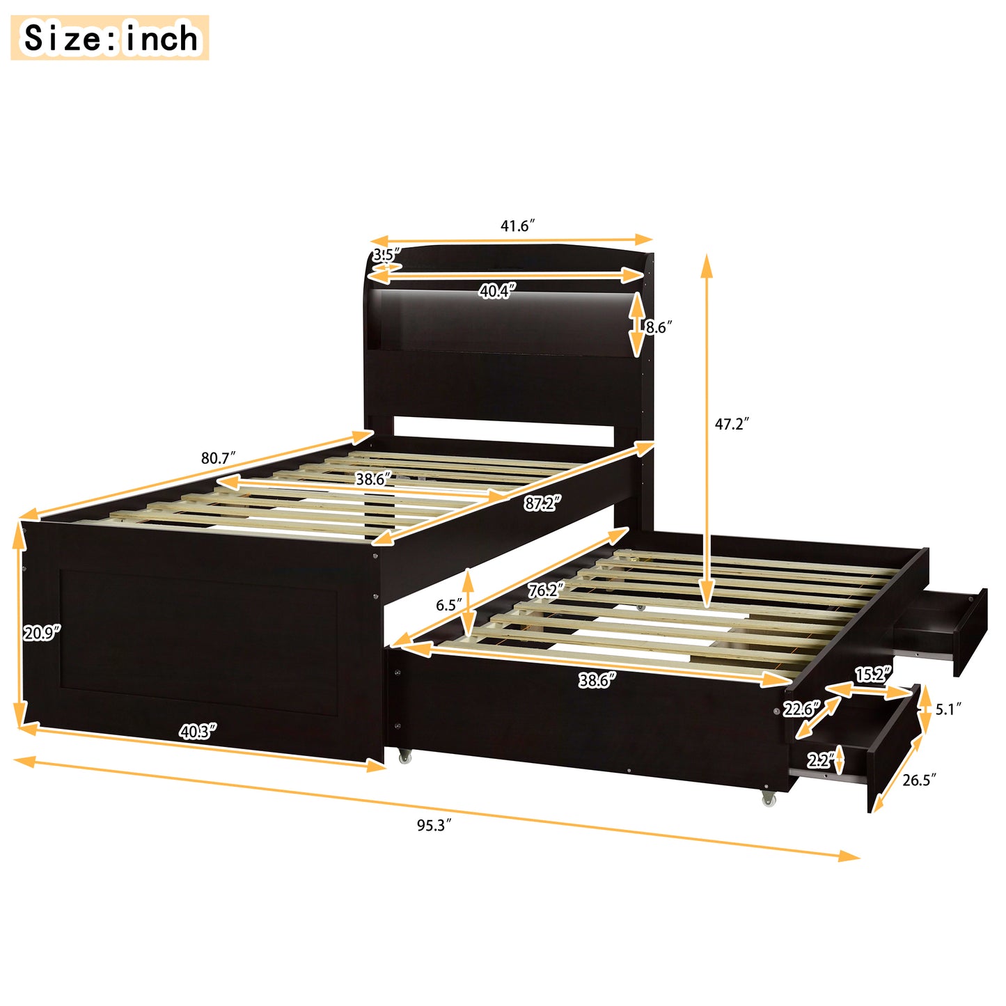 Lit plateforme simple XL avec tête de lit LED de rangement, station de recharge, lit gigogne simple et 2 tiroirs, marron foncé