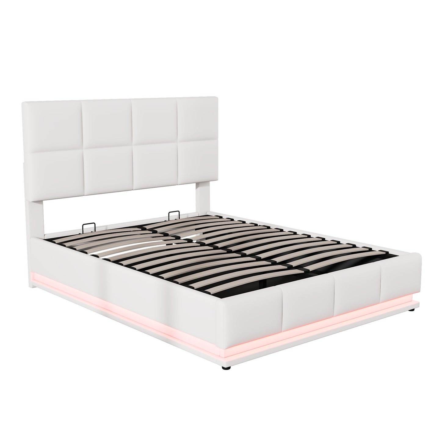 Full Size Tufted Upholstered Platform Bed with Hydraulic Storage System,PU Storage Bed with LED Lights and USB charger, White