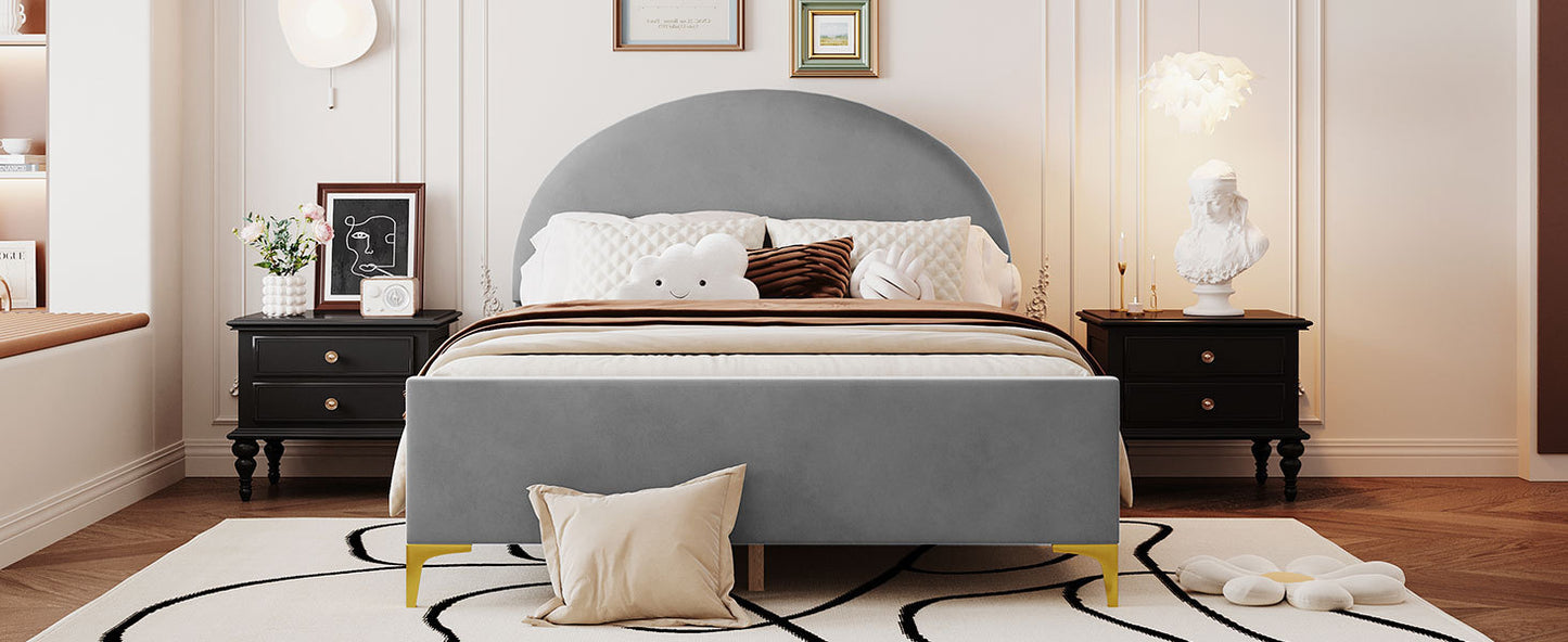 Full Size Upholstered Platform Bed with Classic Semi-circle Shaped headboard and Mental Legs, Velvet, Gray