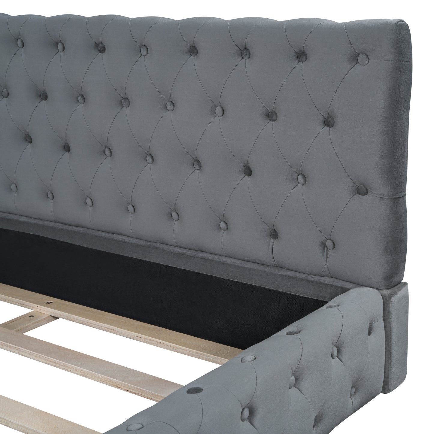 Queen Size Velvet Upholstered Platform Bed, with Luxurious Diamond Grid Headboard,Gray