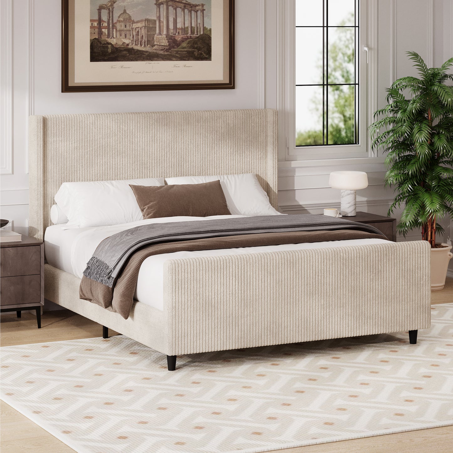 50.7'' High Headboard Corduroy Upholstered Bed Frame with Vertical Stripe Wingback and High Footboard No Box Spring Needed, Queen Size, Cream