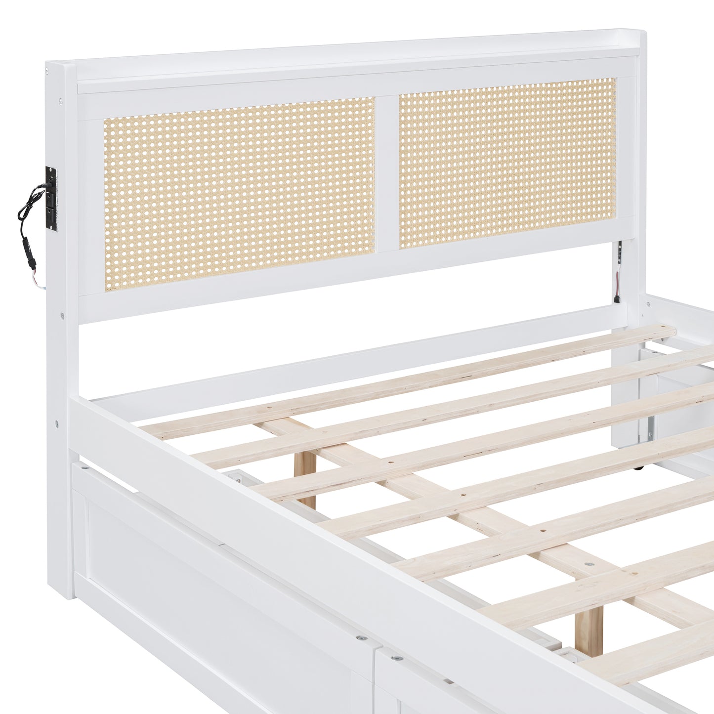 Full Size Elegant Bed Frame with Rattan Headboard and Sockets ,White