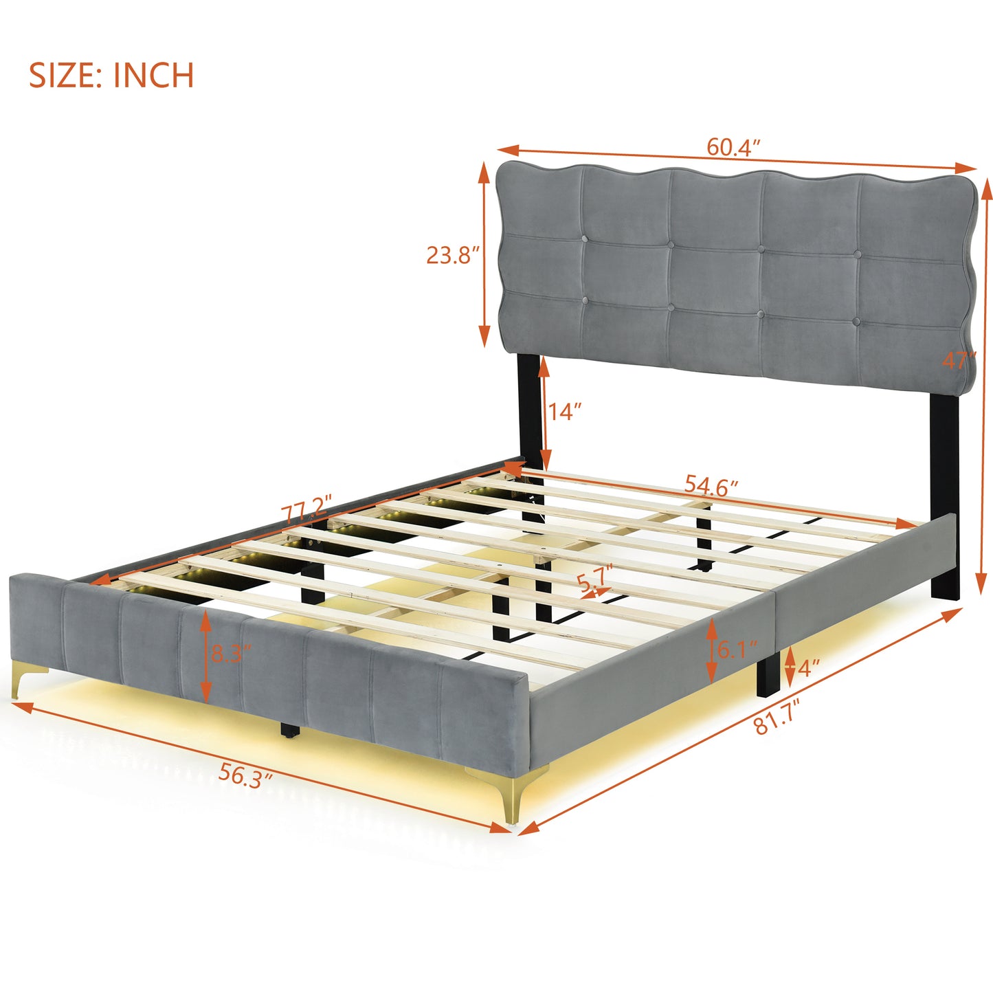 Lit plateforme en velours pleine grandeur avec cadre LED et pieds de lit mentaux élégants, gris