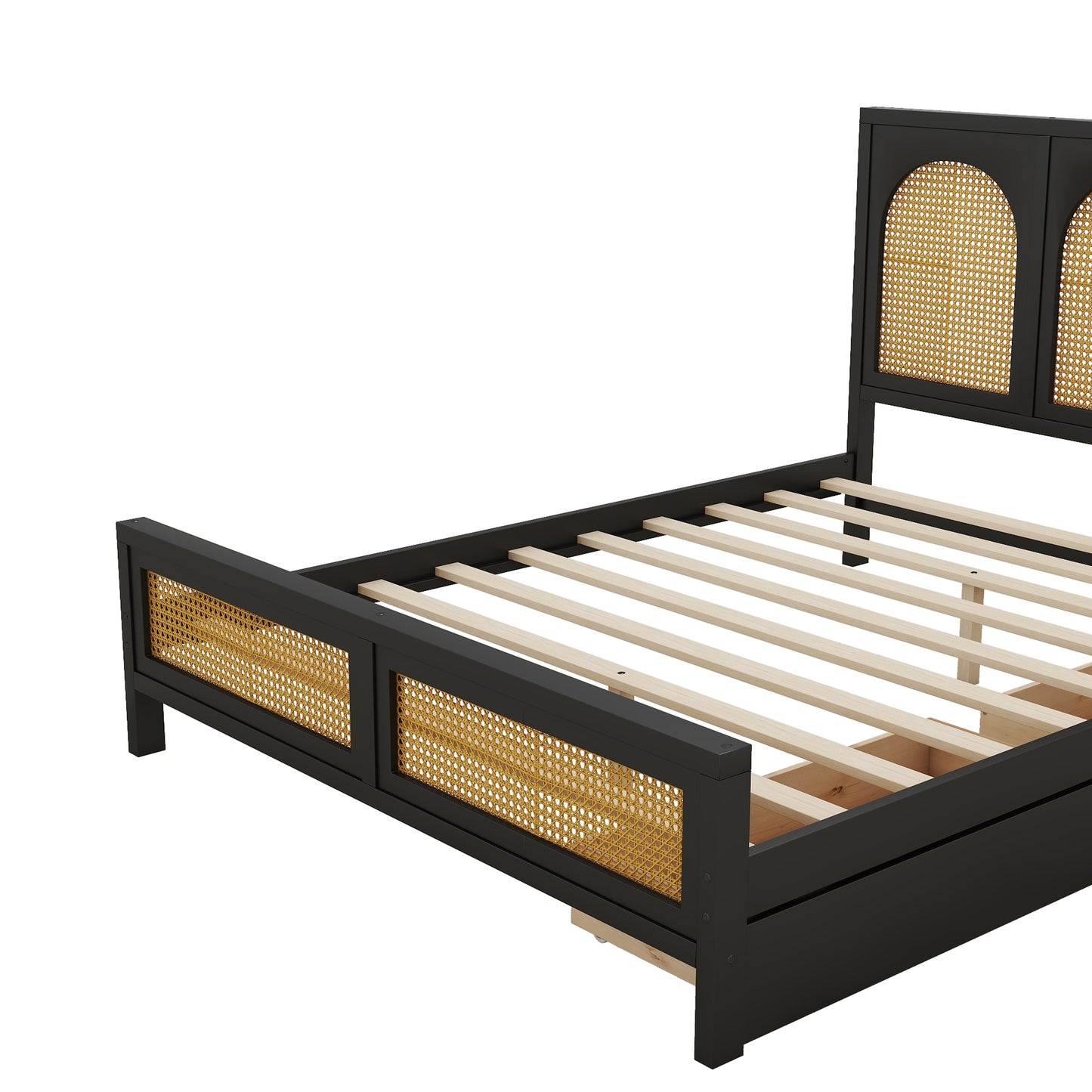 Full Size Wood Storage Platform Bed with 2 Drawers, Rattan Headboard and Footboard, Black