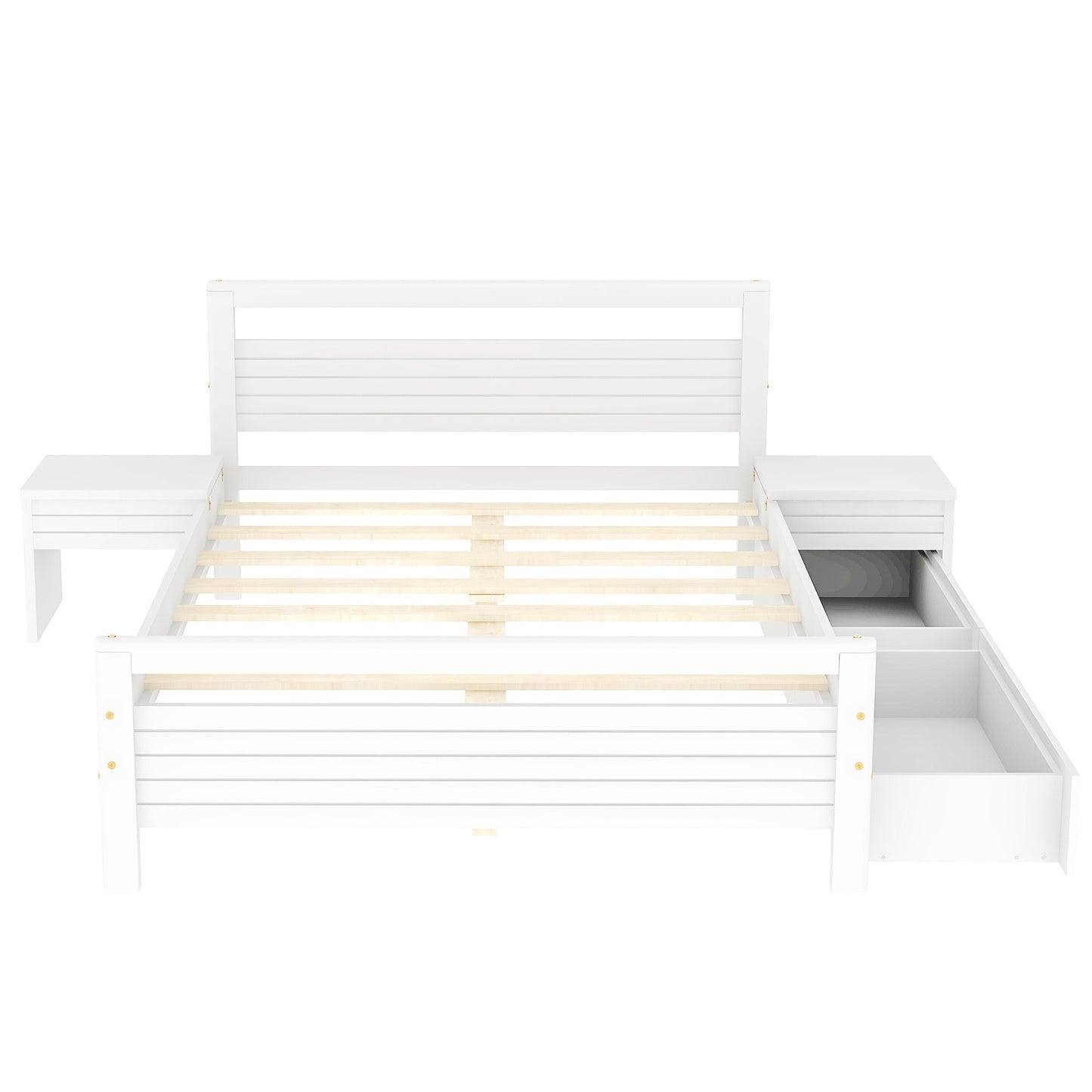 Full Size Wooden Platform Bed with 2 Storage Drawers and 2 bedside tables, White