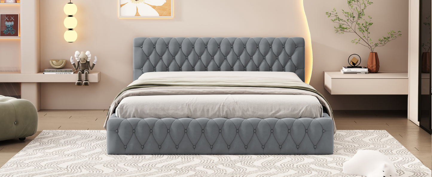 Queen Size Velvet Upholstered Platform Bed, with Luxurious Diamond Grid Headboard,Gray