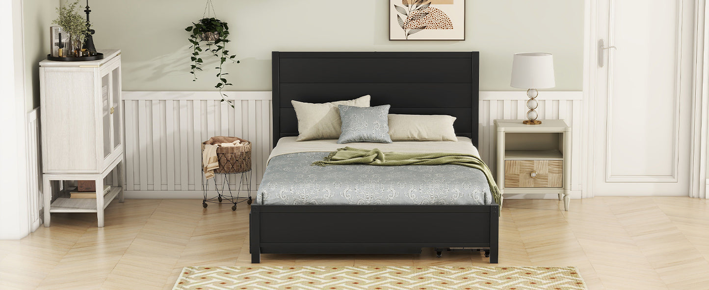 Metal Full Size Storage Platform Bed with Twin Size Trundle and 2 Drawers, Black