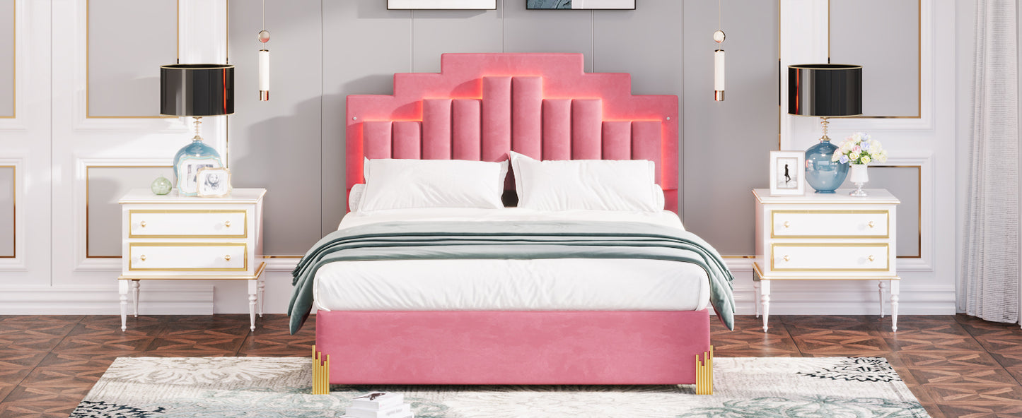 Queen Size Upholstered Platform Bed with LED Lights and 4 Drawers, Stylish Irregular Metal Bed Legs Design, Pink