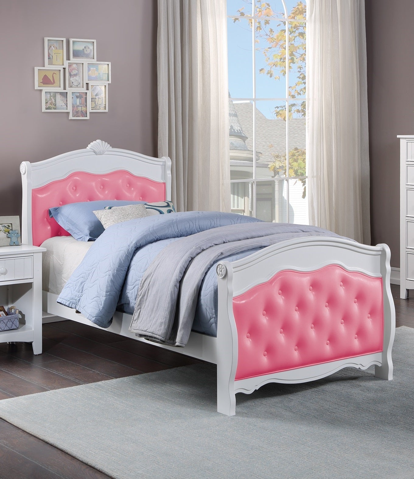 Lit pleine grandeur blanc, meubles de chambre à coucher pour jeunes, tête de lit en Faux cuir rose, pied de lit en contreplaqué, 1 pièce, cadre de lit